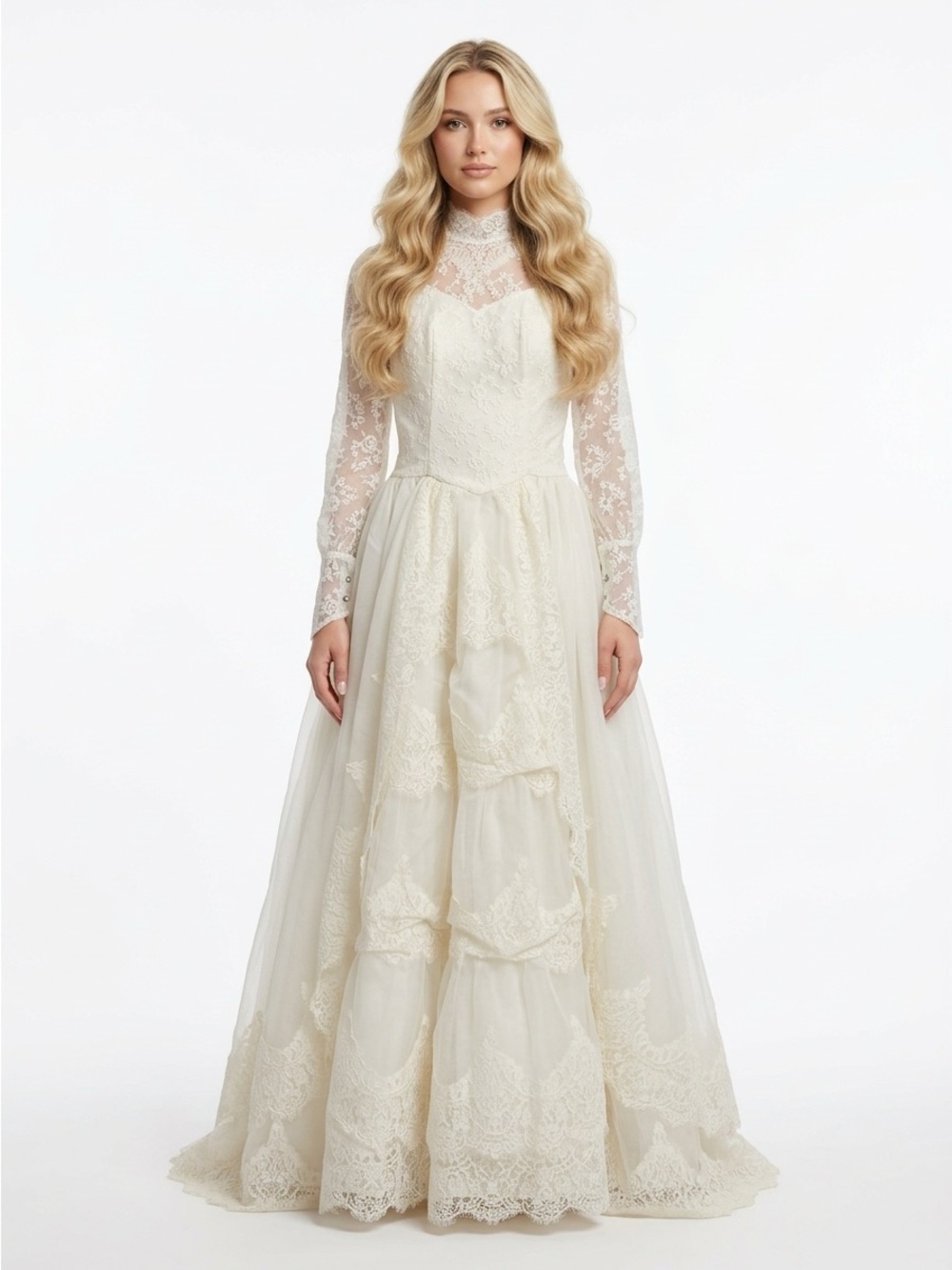Gray Rose 70s Vintage Wedding Dress High Neck Tiered Lace Ivory XS
